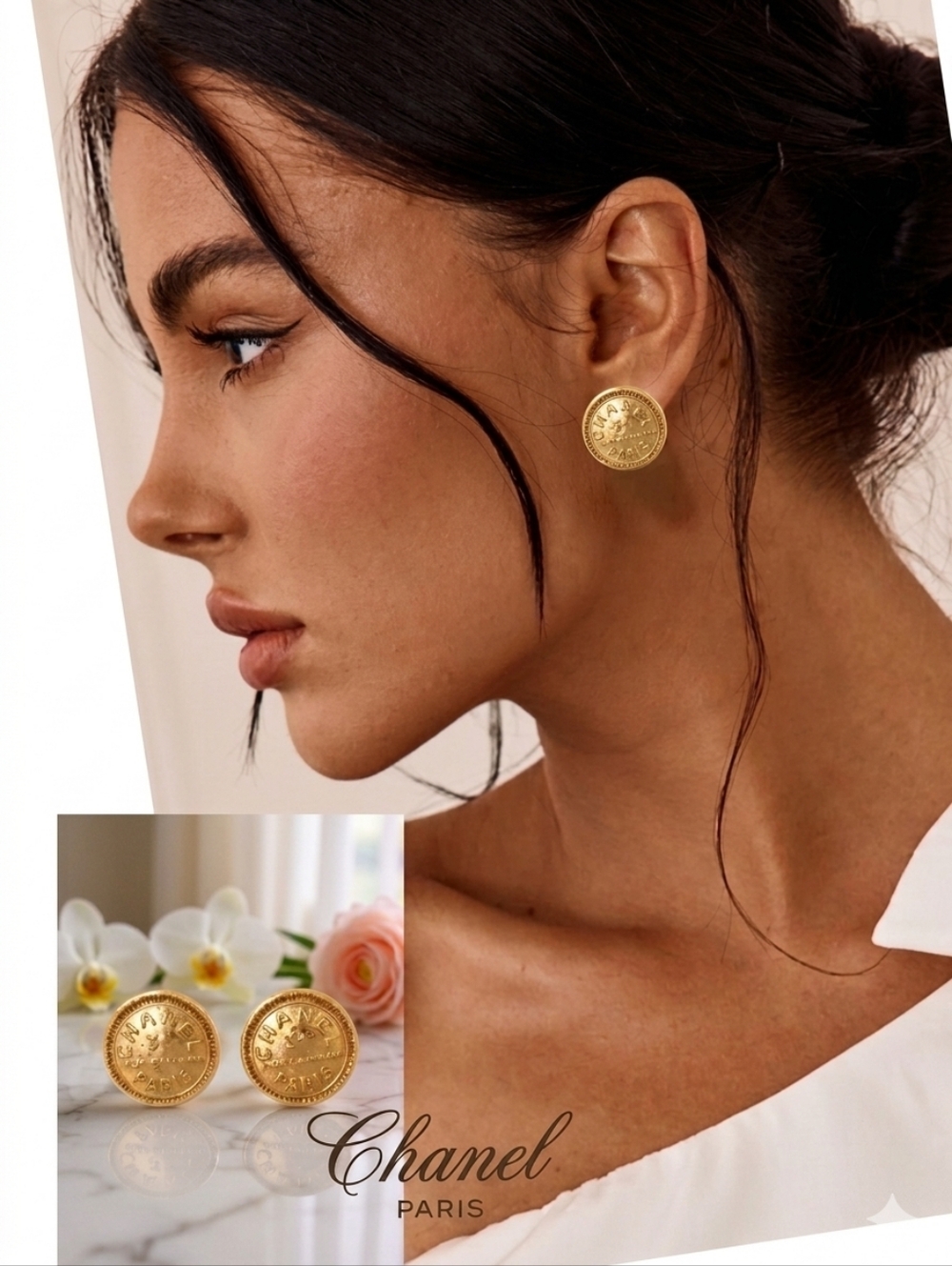 CHANEL Gold Coin Button Stud EarringsVintage Chanel 31 Rue Cambon 24K Gold Plate